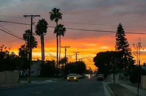 Southern California street at sunset
